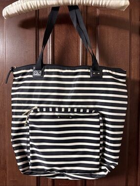 Kate Spade Black and White Striped Tote with Front Pocket and pink interior